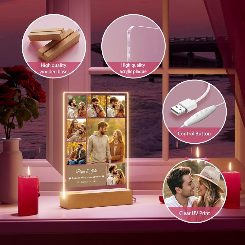 Bemaystar Custom Photo Collage Plaque - Personalized Light Up Plaque - Picture Frame with LED - Anniversary Valentines Day Gifts for Him Her Boyfriend Girlfriend Couple Birthday - 7 Photos - Image 4
